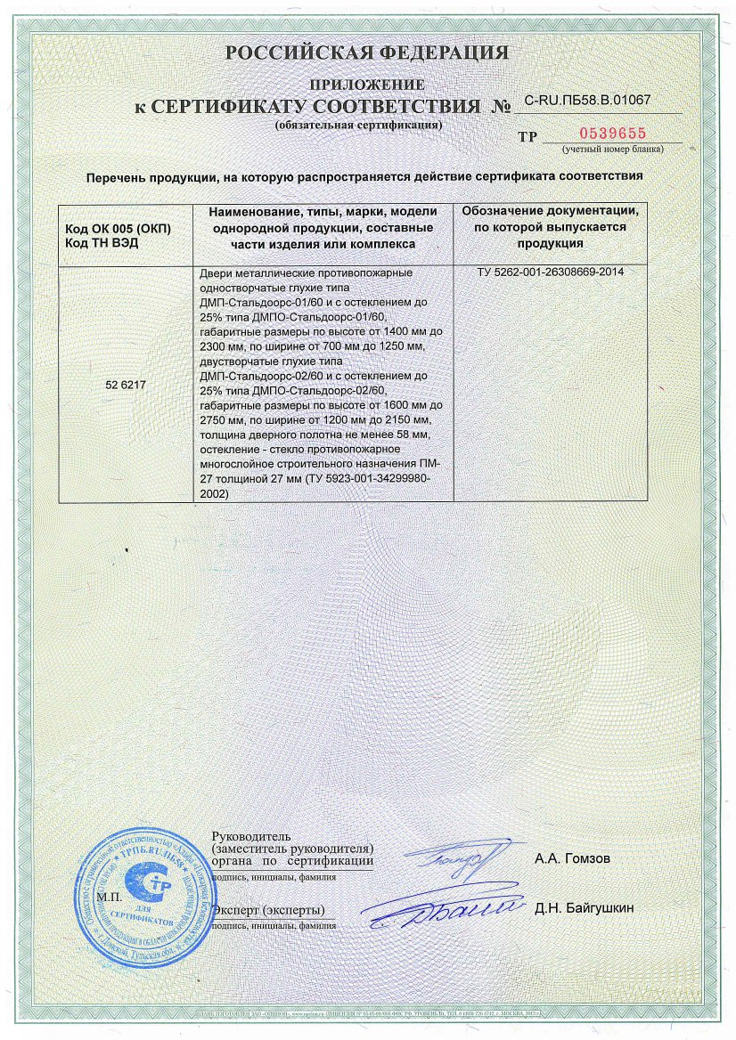сертификат на противопожарную металлическую дверь со стеклом